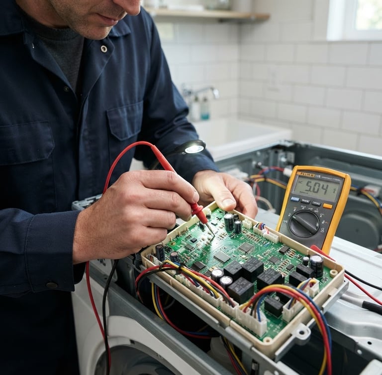 Close-up of a technician in a dark blue uniform using a digital multimeter to test a washing machine control board, bright focused work light, crisp details