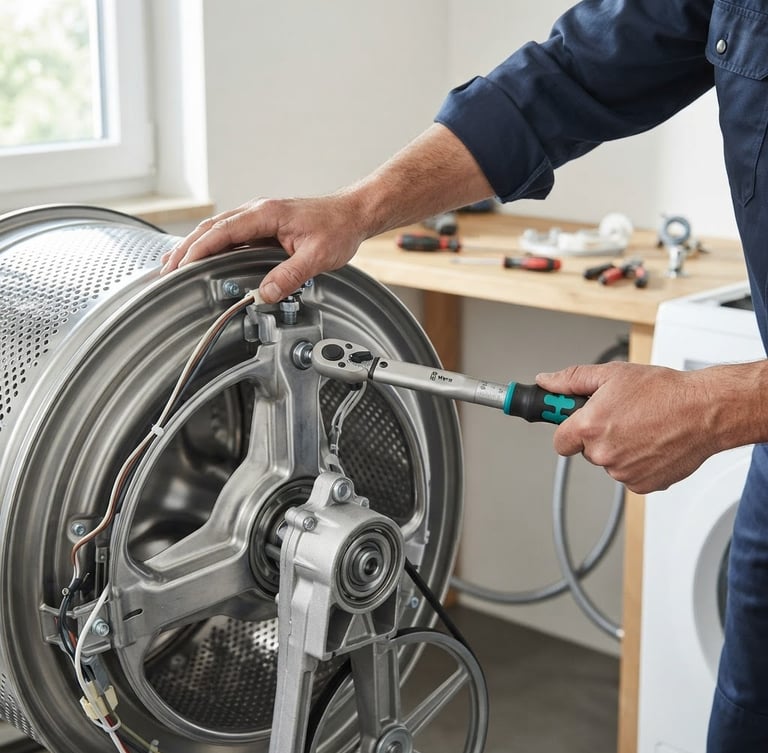 Close-up of a technician's hands using a specialized wrench to calibrate a premium washing machine drum, bright natural utility room light, sharp focus.