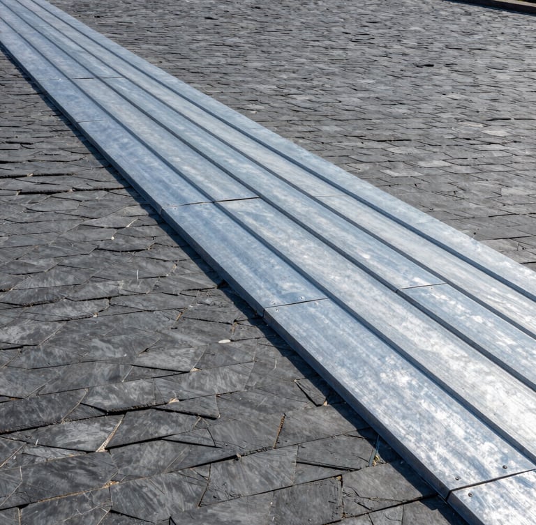 Vue rasante de toitures en ardoise parfaitement alignées sous une lumière matinale, teintes gris ardoise et zinc métallique, mise au point nette, photographie architecturale.