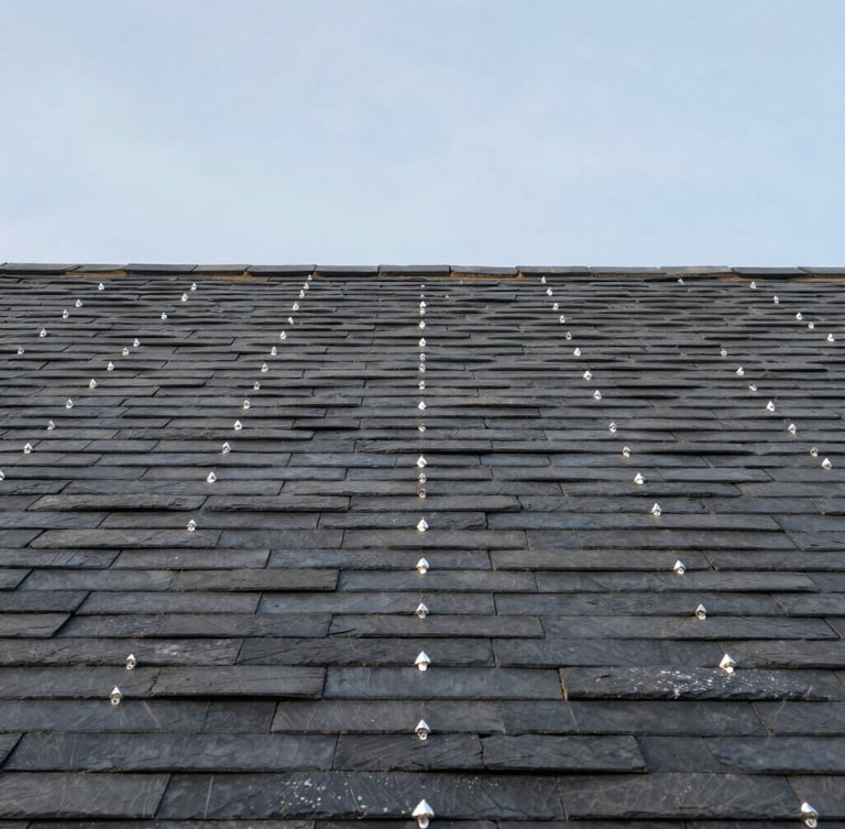 Low-angle architectural photograph of a perfectly aligned slate roof with hand-shaped zinc joints against a crisp morning sky, clean lines, sharp focus, 35mm