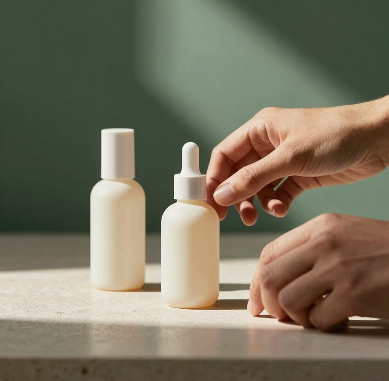 A close-up of hands arranging minimalist cosmetic bottles on a stone surface, crisp directional window light, warm cream tones, 35mm lens