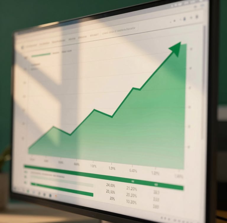 A tight, dynamic macro shot of an analytical retail dashboard on a high-end monitor, displaying green upward growth trends and customer acquisition metrics, crisp directional window light casting high-contrast shadows, deep forest green and warm cream tones, editorial corporate photography style, 35mm lens