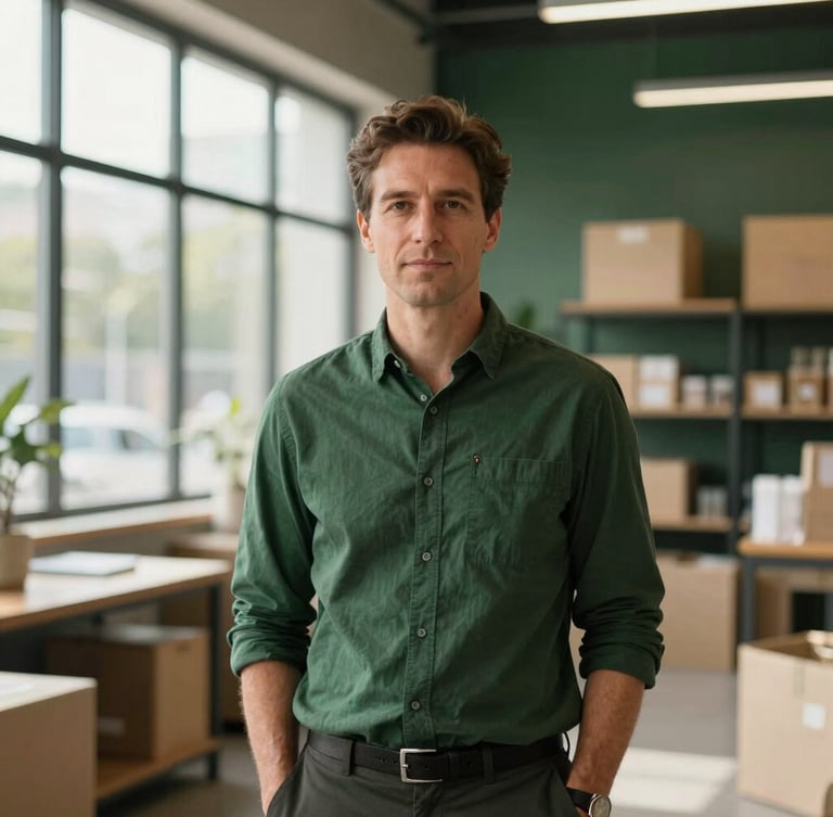 Environmental portrait of a retail founder in a modern warehouse showroom, sharp directional window light, deep forest green tones, 35mm lens