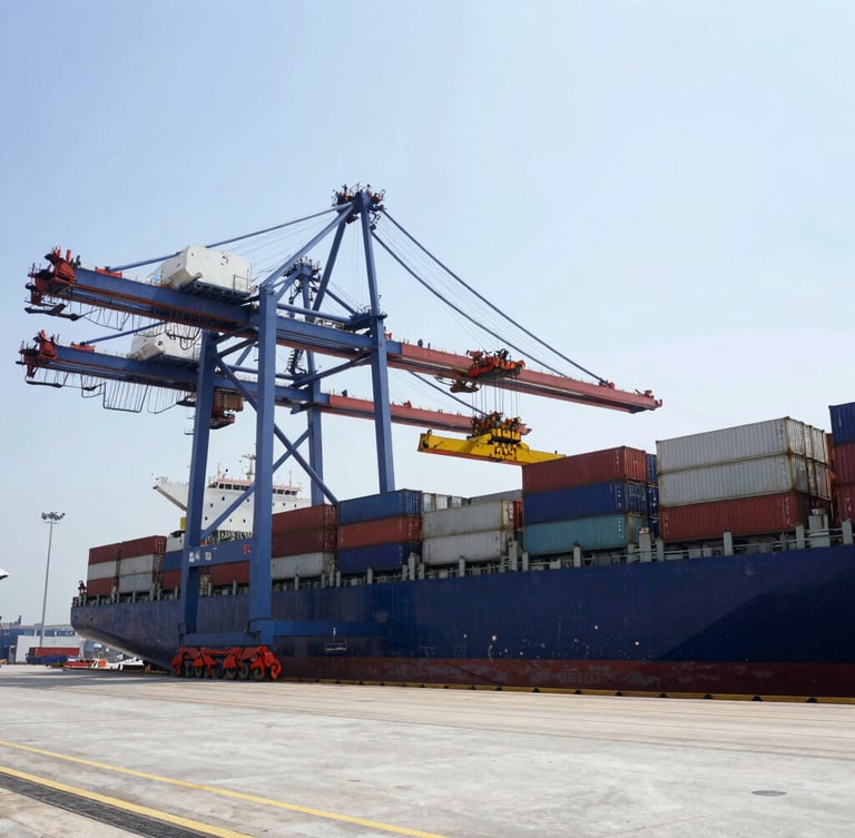 Wide-angle industrial cargo port in bright daylight with heavy container crane loading a shipping vessel, high contrast steel and concrete tones, 35mm