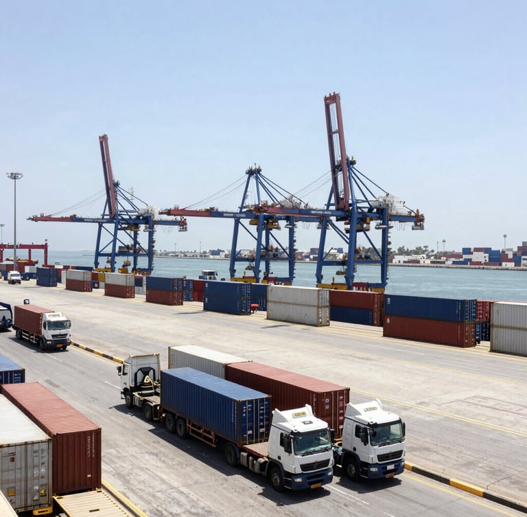Wide environmental shot of a large container terminal at a Libyan port during bright daylight, flatbed trucks waiting, high contrast industrial tones