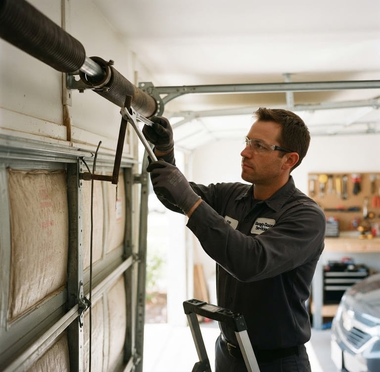 Professional garage door technician in uniform, working on a heavy-duty torsion spring mechanism inside a residential garage, bright natural daylight, crisp focus, 35mm.