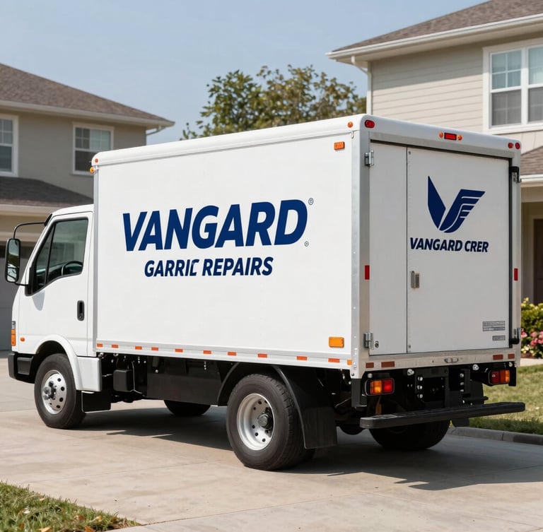 Clean, branded Vanguard Garage Door's Repairs Crew service truck parked in a residential driveway, bright natural daylight, crisp editorial photography, 35mm