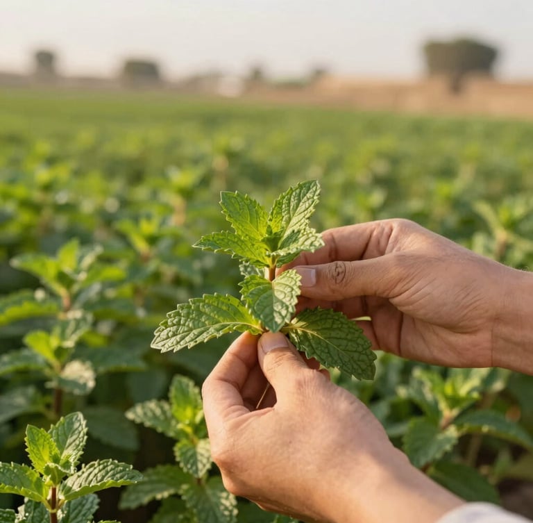 Close-up of fresh green peppermint leaves being harvested by hand in Beni Suef, rich agricultural landscape under golden morning sunlight