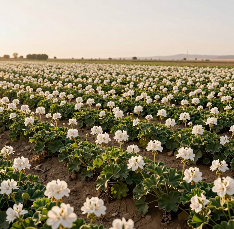 Wide-angle panoramic shot of sun-drenched Geranium fields in Fayoum, Egypt, golden-hour natural daylight, soft botanical greens, 35mm lens