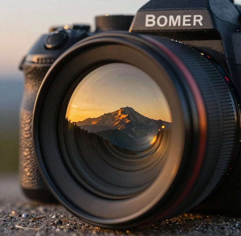 Primer plano macro de la lente de una cámara fotográfica profesional reflejando un paisaje montañoso al atardecer, destello de luz dorado, texturas metálicas nítidas.