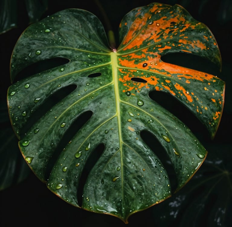 Dramatic close-up macro photography of a tropical leaf with vibrant green and orange veins, dew drops reflecting light, rich contrast, dark background