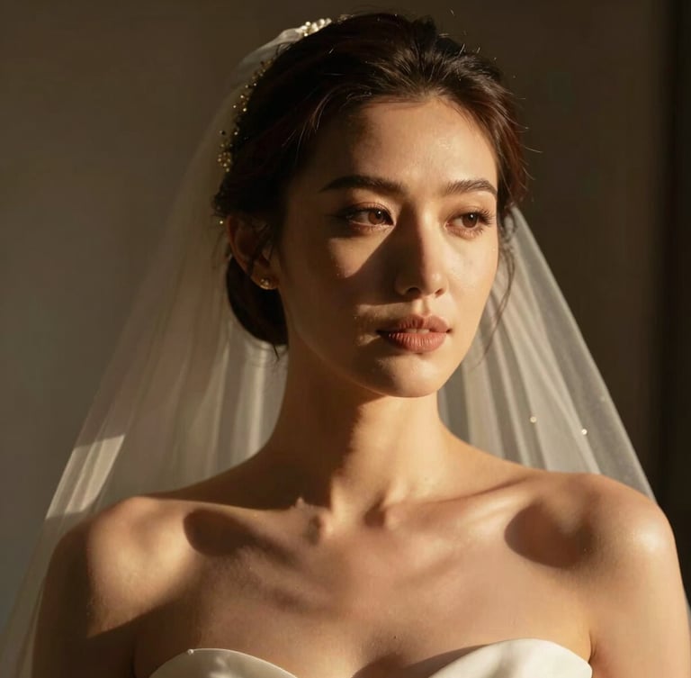 Dramatic portrait of a bride in natural golden hour light, rich skin tones, high-contrast shadows, warm champagne highlights.