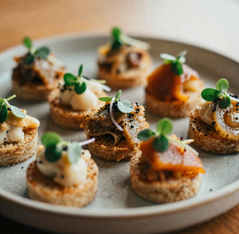 Close-up of a beautifully plated appetizer on a stoneware plate, garnished with microgreens, shallow depth of field, warm natural light, 35mm film aesthetic.