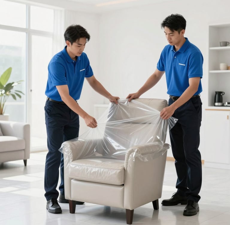 Professional uniformed operators wearing clean corporate blue polo shirts carefully wrapping a luxury leather armchair with technical protective film inside a bright high-end residence, 35mm lens.