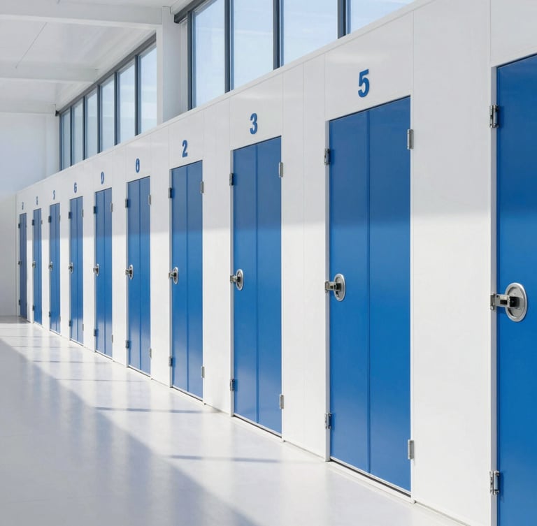 Wide angular shot of a premium, ultra-clean, modern storage facility hallway with numbered private steel doors, bright daylight coming from high windows, professional commercial style