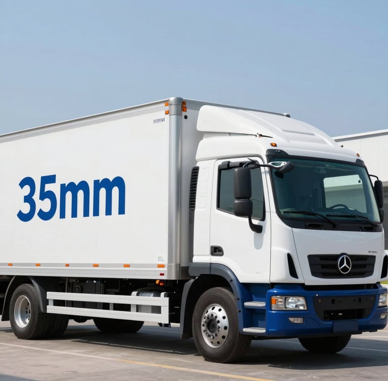 Angular shot of a massive, clean white and deep blue corporate moving truck parked under bright daylight, professional branding on the side, sharp corporate photography style, 35mm lens