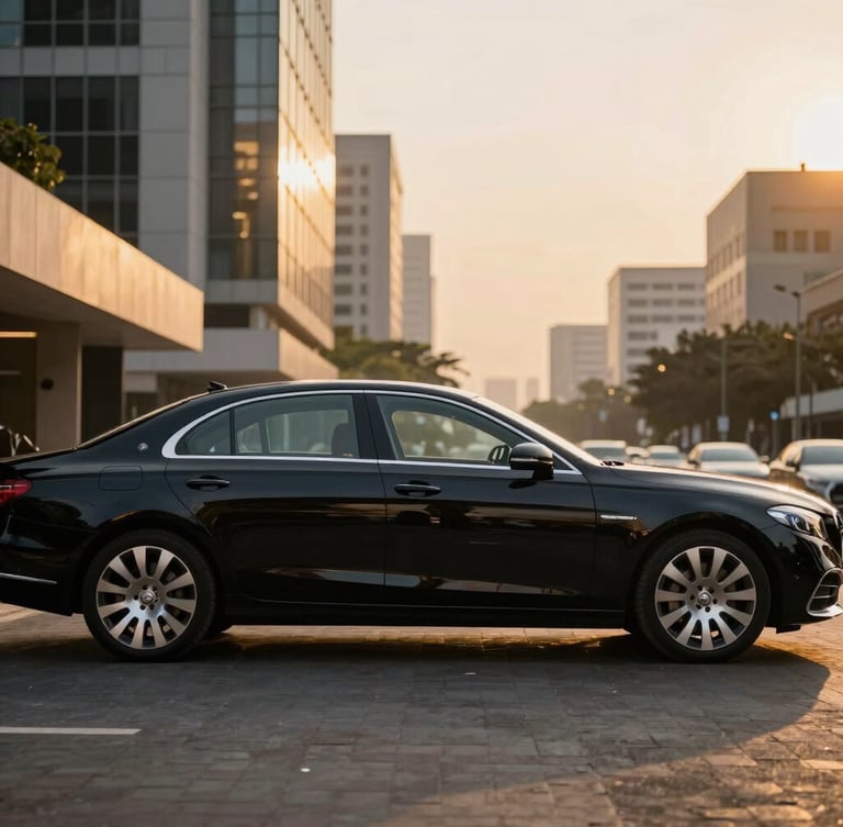 Cinematic side profile of a polished black luxury sedan parked in a modern Abidjan business district, golden hour sunlight reflecting off the metallic paint, professional composition, 50mm lens.