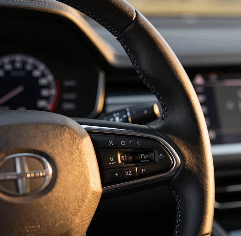 Macro close-up of a premium leather-stitched steering wheel and digital dashboard of a luxury sedan, warm golden hour lighting, cinematic focus.