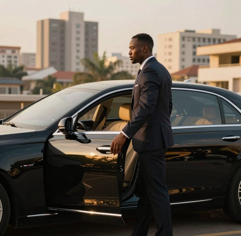 Wide environmental shot of a professional chauffeur in a tailored dark suit holding open the door of a polished black luxury sedan, warm golden hour reflections on the metallic chassis, Abidjan upscale district background, cinematic 50mm lens