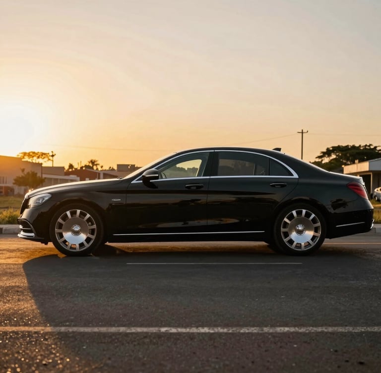 Side view of a pristine black luxury sedan parked on a quiet Abidjan street at sunset, golden hour light reflecting off the polished metallic body, cinematic composition, 50mm lens.
