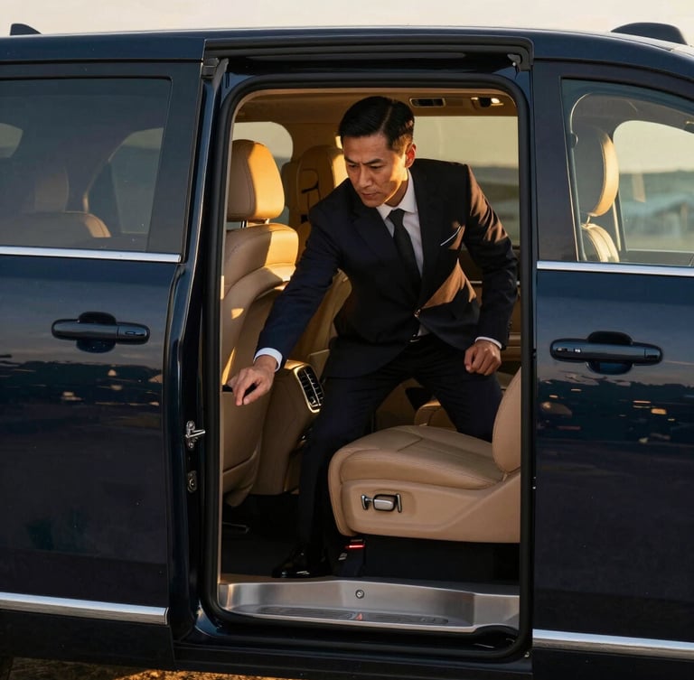 A professional chauffeur in a tailored dark suit opening the door of an executive SUV, soft golden light, elegant leather interior visible, high-end editorial automotive photography.