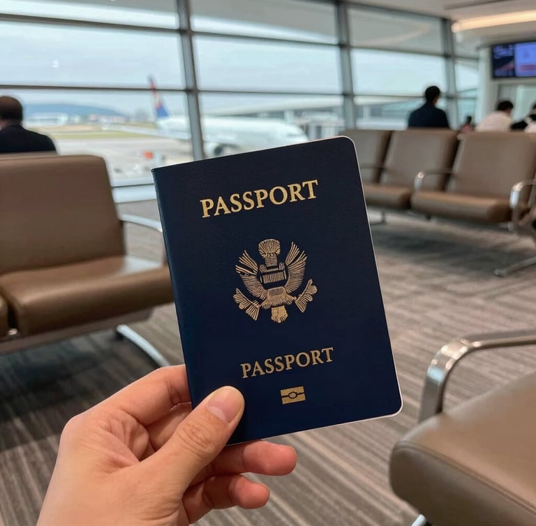 First-person perspective of a traveler holding a premium navy passport cover, sitting in a softly lit luxury airport lounge, runway visible through expansive windows in the background.