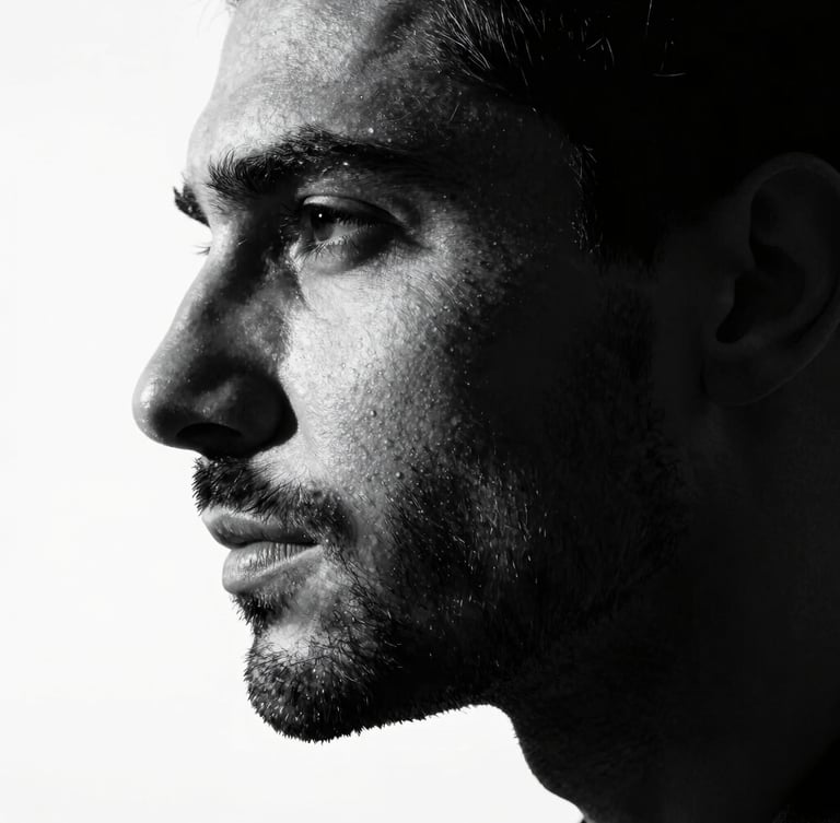 High-contrast black and white portrait of a man of profile with dramatic side lighting, deep shadows, highlighting the clean lines of his beard and skin, premium editorial style.
