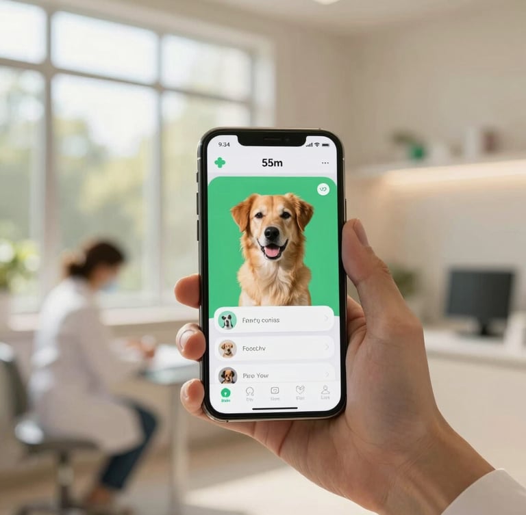 An elegant smartphone displaying a clean pet profile app interface, held by a professional veterinarian in a modern, sunlit clinic, warm tones, shallow depth of field.