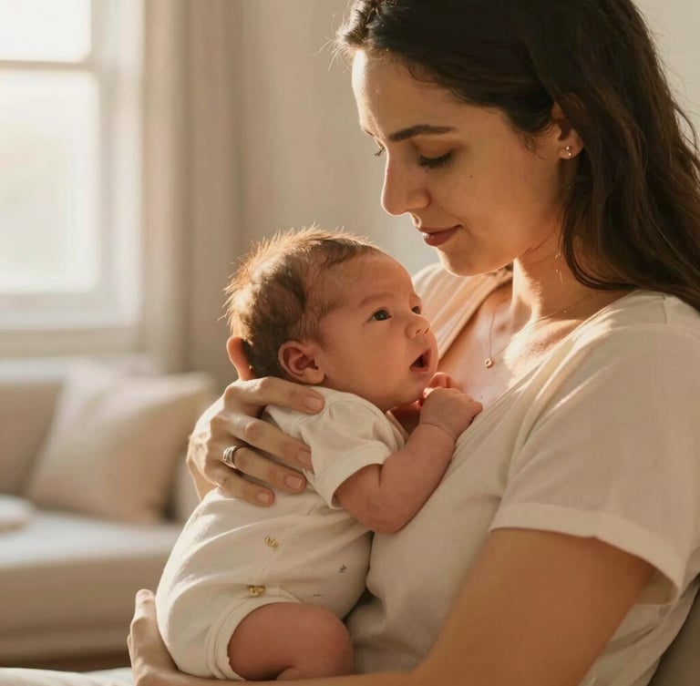 Warm editorial photography of a Brazilian mother gently holding her newborn baby close to her chest, soft golden-hour morning light illuminating the room, shallow depth of field, 35mm.