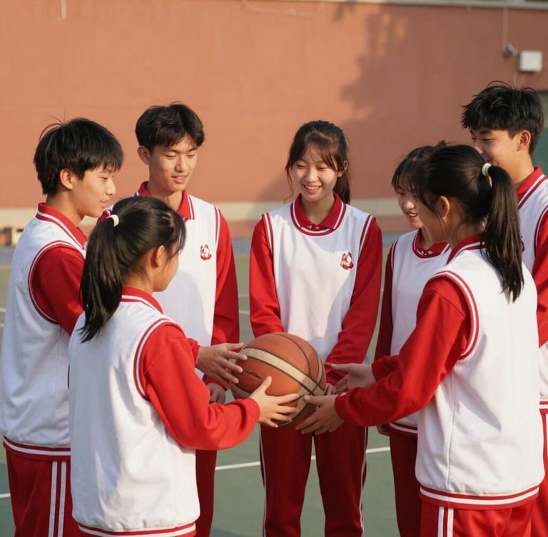 Group of enthusiastic high school students in red and white sports uniforms smiling together on an outdoor court, holding a basketball, warm sunlight, authentic look.