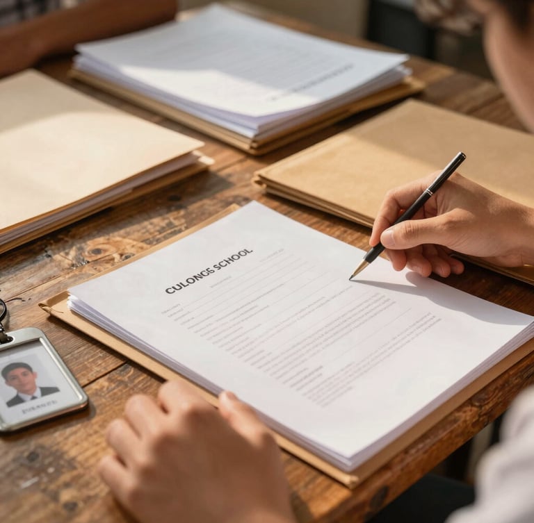 A close-up of hands organizing official school documents, folders, and a student ID on a rustic wooden desk, warm golden-hour light filtering in, 35mm photography.