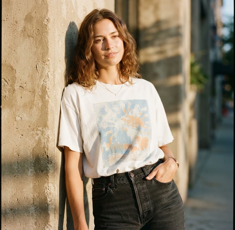 Medium-close candid shot of a model wearing a heavyweight white graphic t-shirt, leaning against a sun-drenched concrete wall, sharp shadows, warm golden hour light, 35mm film style