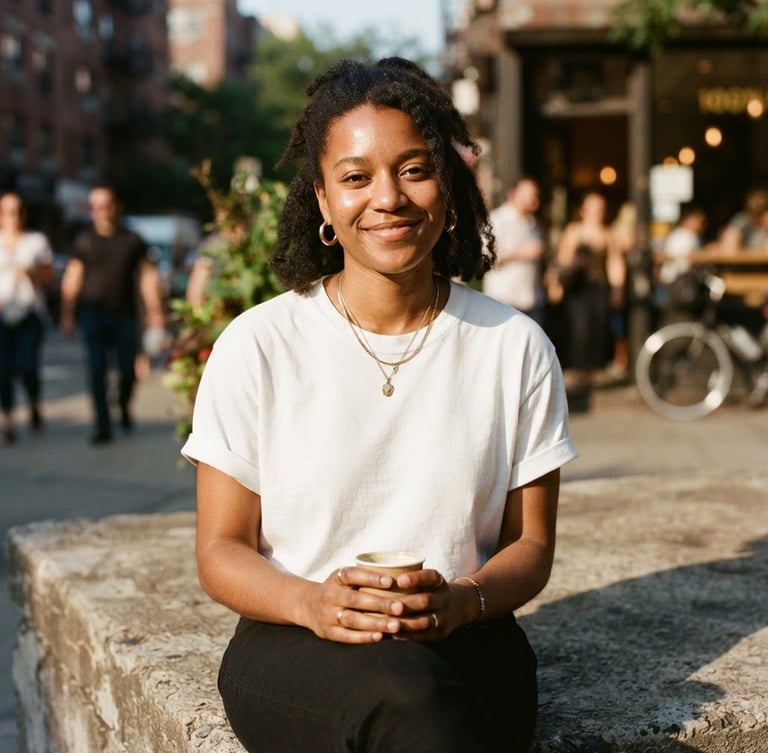 Candid medium-close portrait of a young creative wearing a heavy white t-shirt, sitting on a concrete ledge in warm direct sunlight, sharp shadows, 35mm film style.
