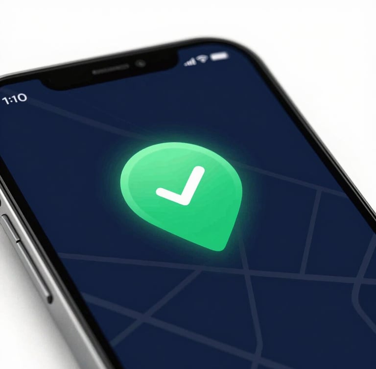 Macro close-up of a mobile screen showing a glowing emerald green verified badge over a map pin, bright clean studio light, high contrast navy tones.