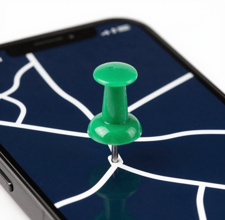 Macro photograph of a smartphone screen displaying a bright emerald green map pin on a deep navy geographic grid, crisp studio lighting, high contrast