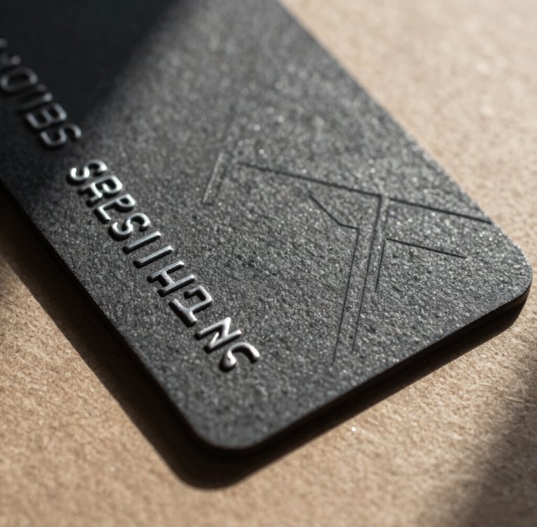 Extreme close-up of a heavy textured business card with embossed geometric lines, casting sharp natural shadows on a raw cardboard background.