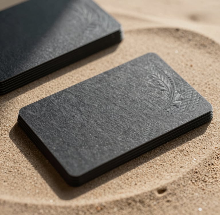 Extreme close-up of embossed dark charcoal business cards stacked on textured warm sand paper, sharp architectural shadows, high-contrast natural light