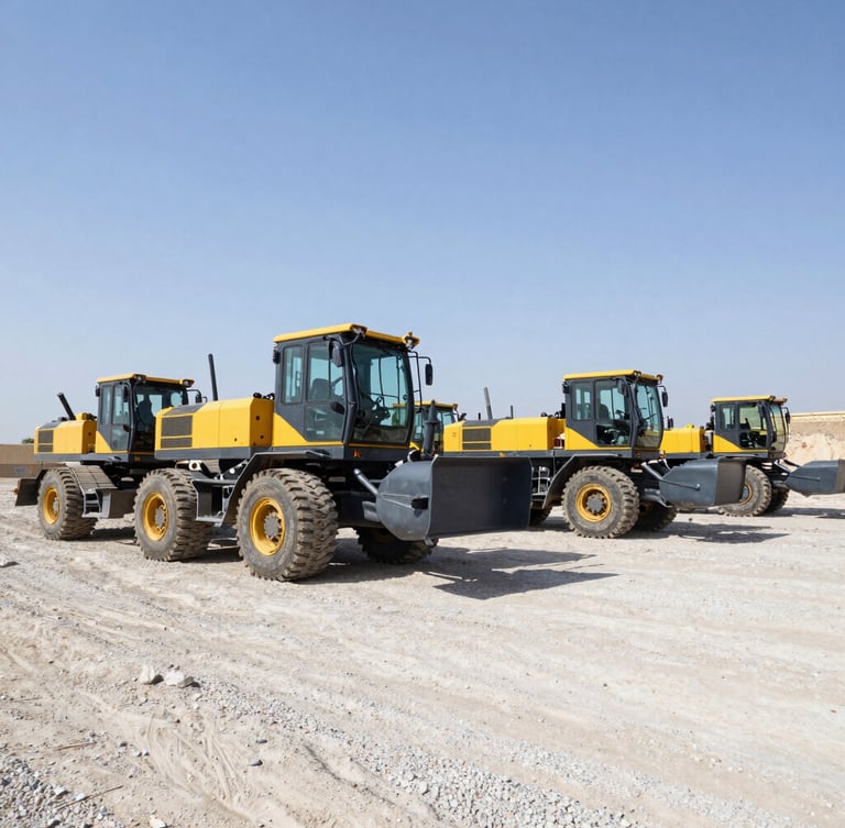 Low-angle wide shot of heavy machinery and construction fleet parked on a gravel yard in Erbil under bright midday sun, high contrast, steel and safety yellow tones.