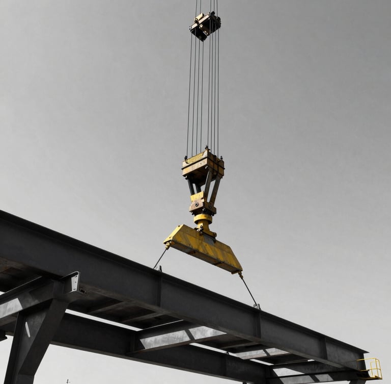 Low-angle portrait of a heavy industrial crane lifting steel structures, stark midday sunlight, high contrast desaturated steel tones, safety yellow accents.