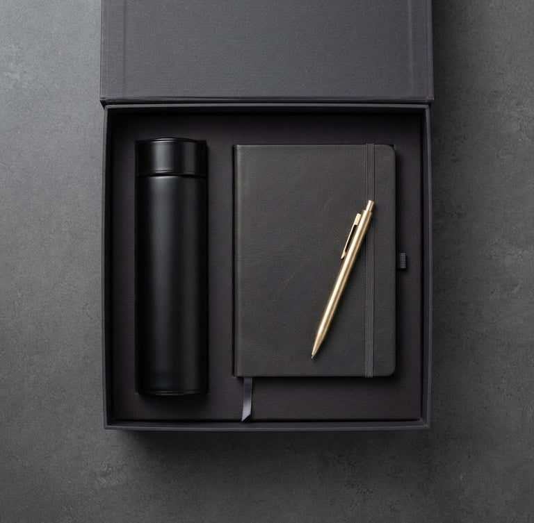 Crisp studio product photography, overhead flat-lay of a premium open corporate gift box containing a matte black thermos, leather notebook, and brass pen, deep charcoal and white tones, sharp focus, 85mm