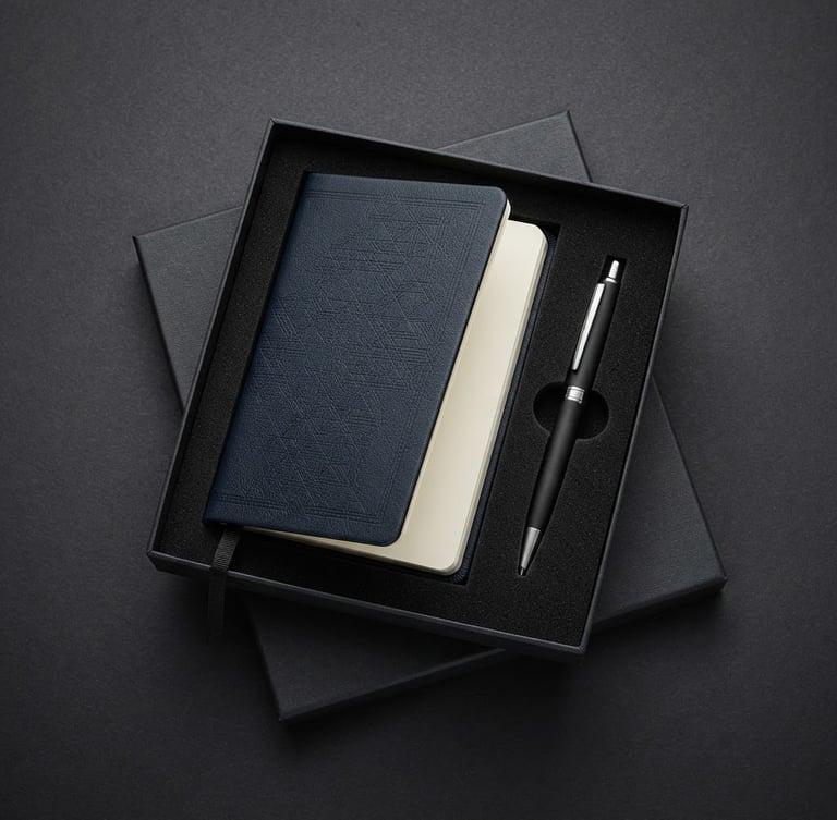 Crisp studio product photography of open premium corporate gift box on dark charcoal background, debossed leather notebook and metal pen visible, 85mm