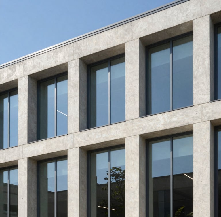 Architectural detail of a modern concrete building facade under bright daylight, clear sky reflections on large glass windows, sharp clean shadows, professional editorial style.