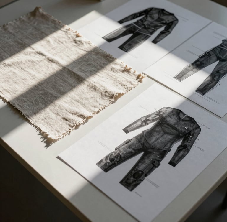 Overhead shot of a minimalist design table in Fort Lauderdale, raw linen fabric swatches, charcoal technical apparel sketches, and sharp midday shadows casting geometric lines.