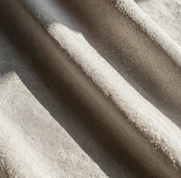 Macro extreme close-up of heavy linen fabric drape, raw edge details, high-contrast midday Florida sun casting sharp geometric shadows