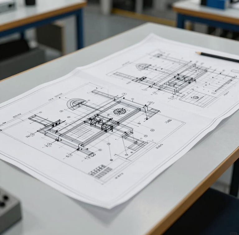 Wide panoramic view of technical CAD drawings on a raw manufacturing floor desk, high-clarity neutral lighting, blueprint details visible.