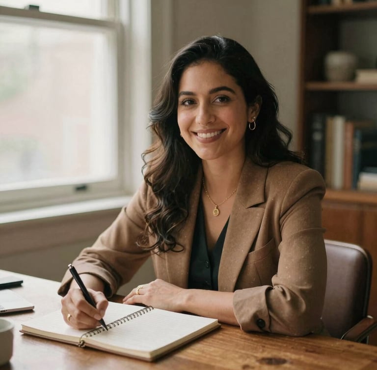 Warm environmental portrait of a Latina financial advisor, smiling, sitting at a wooden desk with a notebook, soft natural window light, earthy tones, 35mm film look.