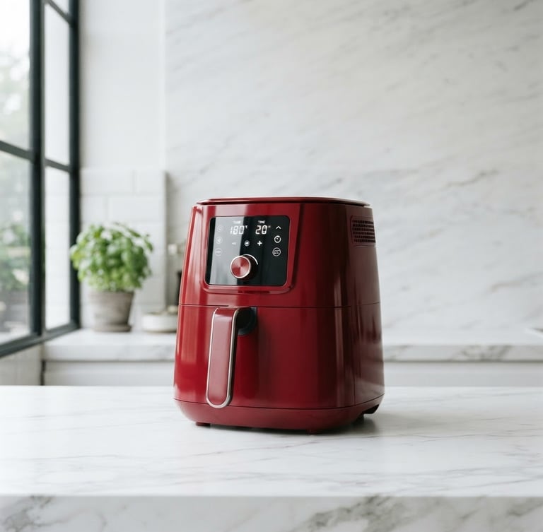 Eye-level architectural shot of a sculptural deep red air fryer on a pristine white marble countertop, soft natural window light, crisp details, 50mm lens.