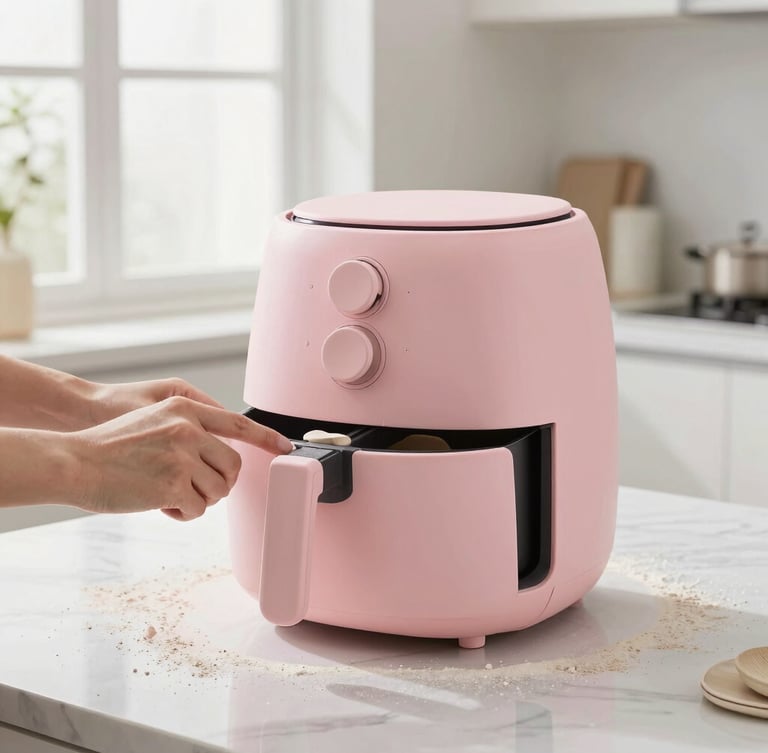 Eye-level straight-on shot of a designer's hands sculpting a minimalist pink air fryer clay prototype in a sunlit studio, plaster dust, soft focus window background