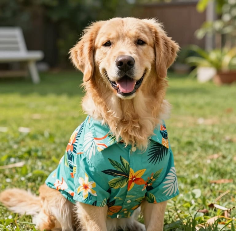 A cheerful golden retriever wearing a colorful teal tropical shirt, sitting comfortably in a bright sunny garden, eye-level medium shot, 35mm