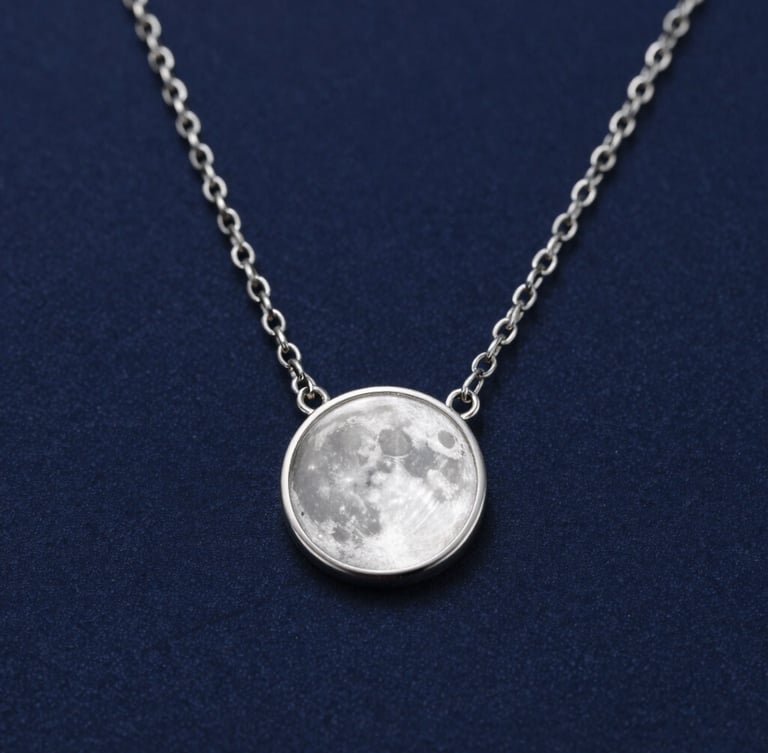 Macro product photography of a delicate sterling silver necklace catching sharp moonlight reflections, deep navy blue background, high-contrast studio lighting.